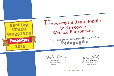 Rakning Szkół Wyższych Perspektywy 2026: Uniwersytet Jagielloński w Krakowie Wydział Filozoficzny 1 miejsce w grupie kierunków Pedagogika.